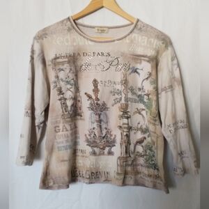 Vintage Y2K Paris Romantic Beige Graphic Long Sleeve Top By Cactus XL